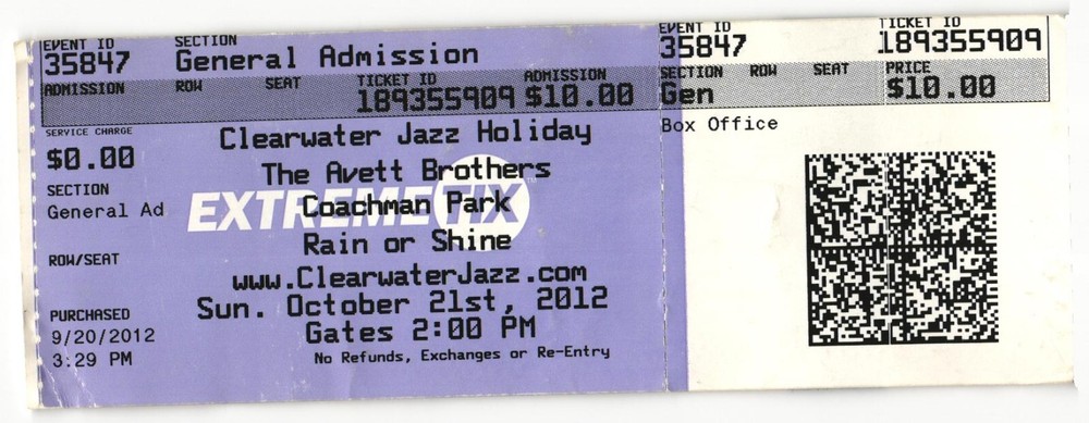 2012 Jazz Holiday Avett Brothers Complete Concert Ticket Stub Clearwater FL