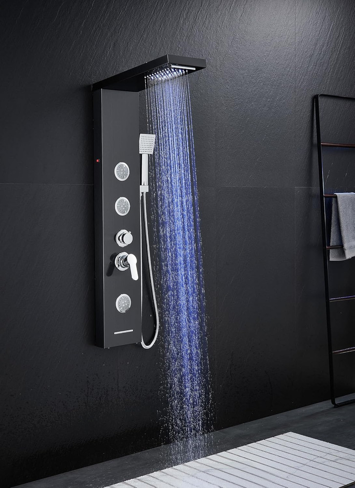 5-in-1 Black LED Shower Panel with Rainfall, Jets & Handheld Showerhead
