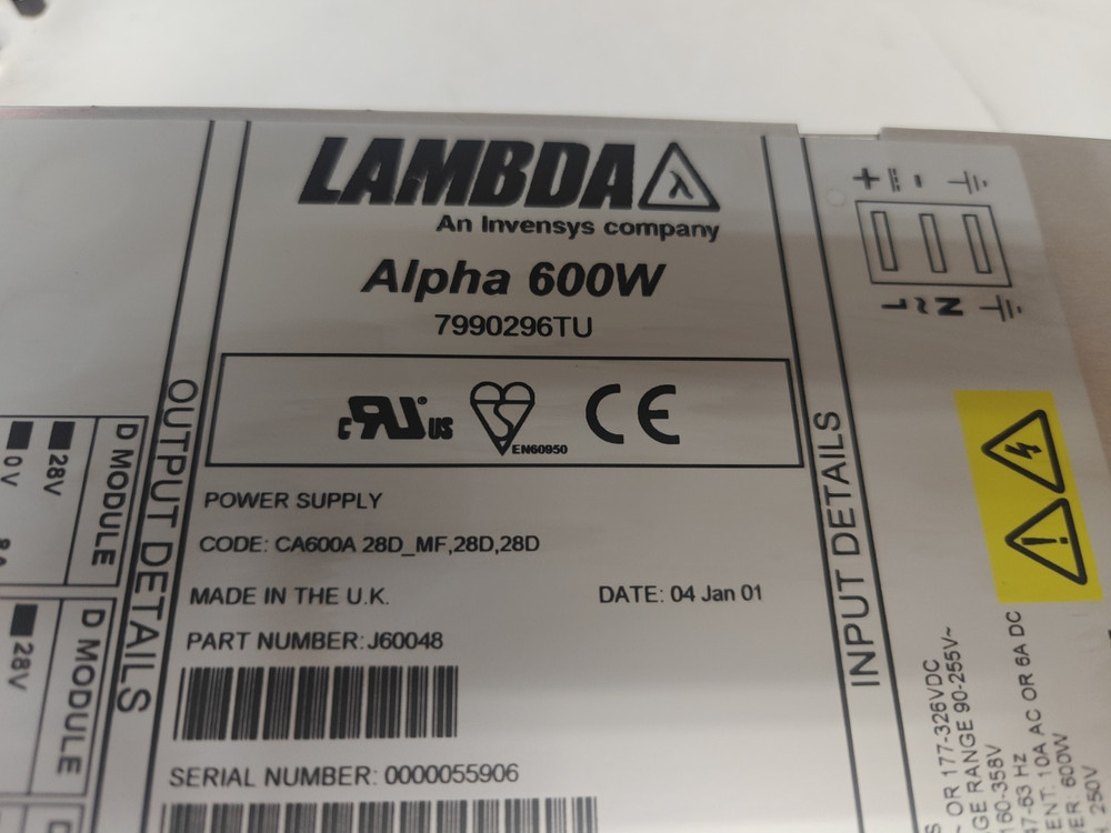 Lambda J60048 Alpha 600W Power Supply CA600 , 7990296TU
