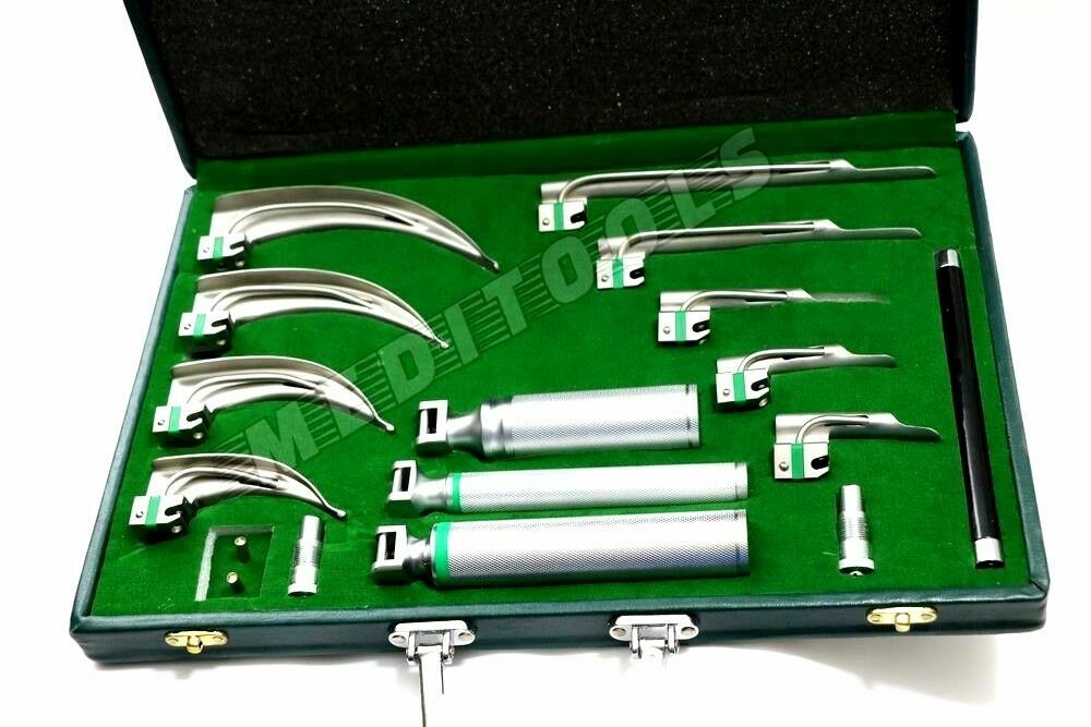 FIBER OPTIC LARYNGOSCOPE MAC + MILLER SET OF 18 EA ! EMT Anesthesia Intubation