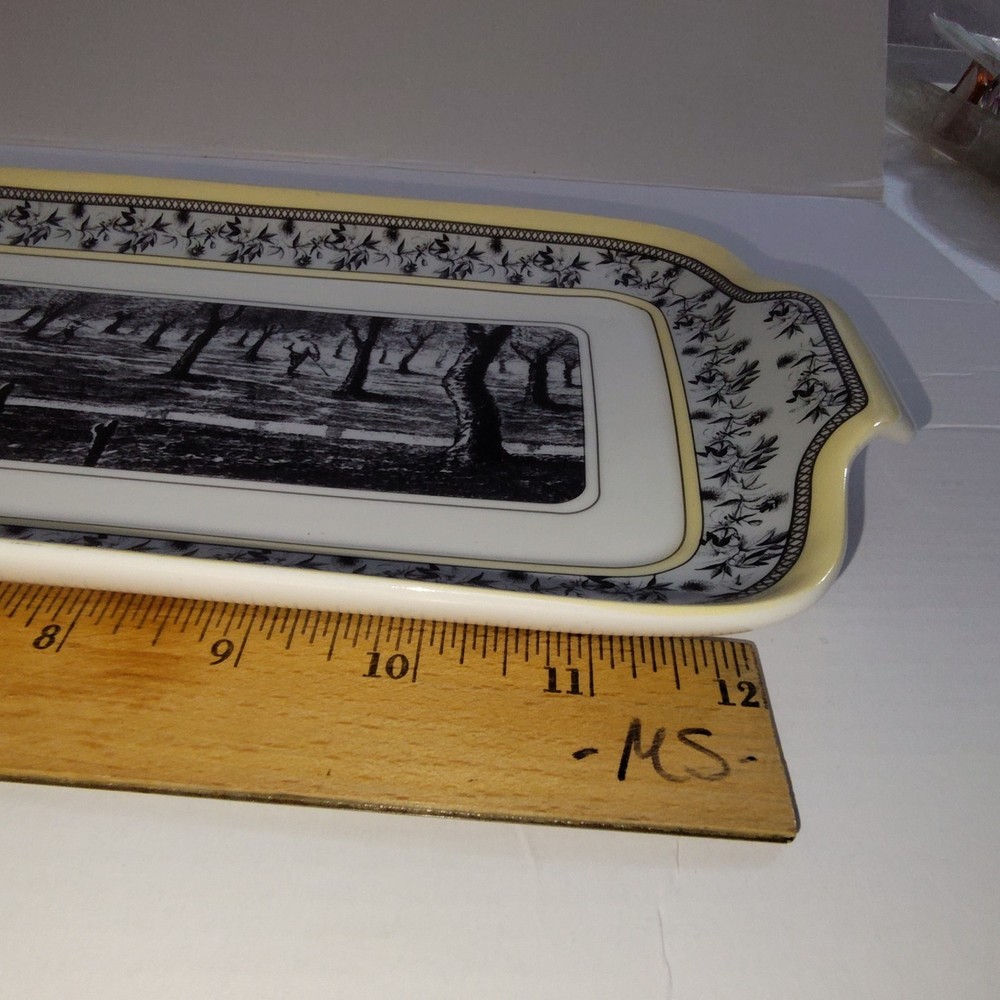 DesignPac Long Rectangular Ceramic Serving Tray Platter Black White Handle Sides