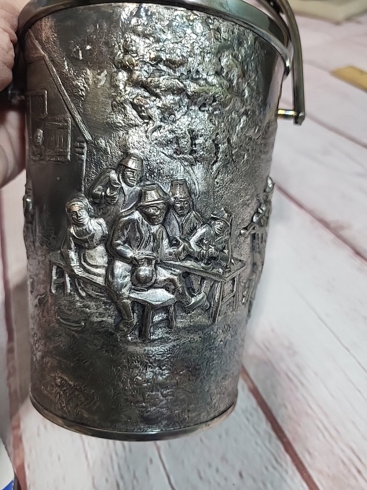 Vintage DENMARK Repousse Silver Plate Bucket with Attached Handle
