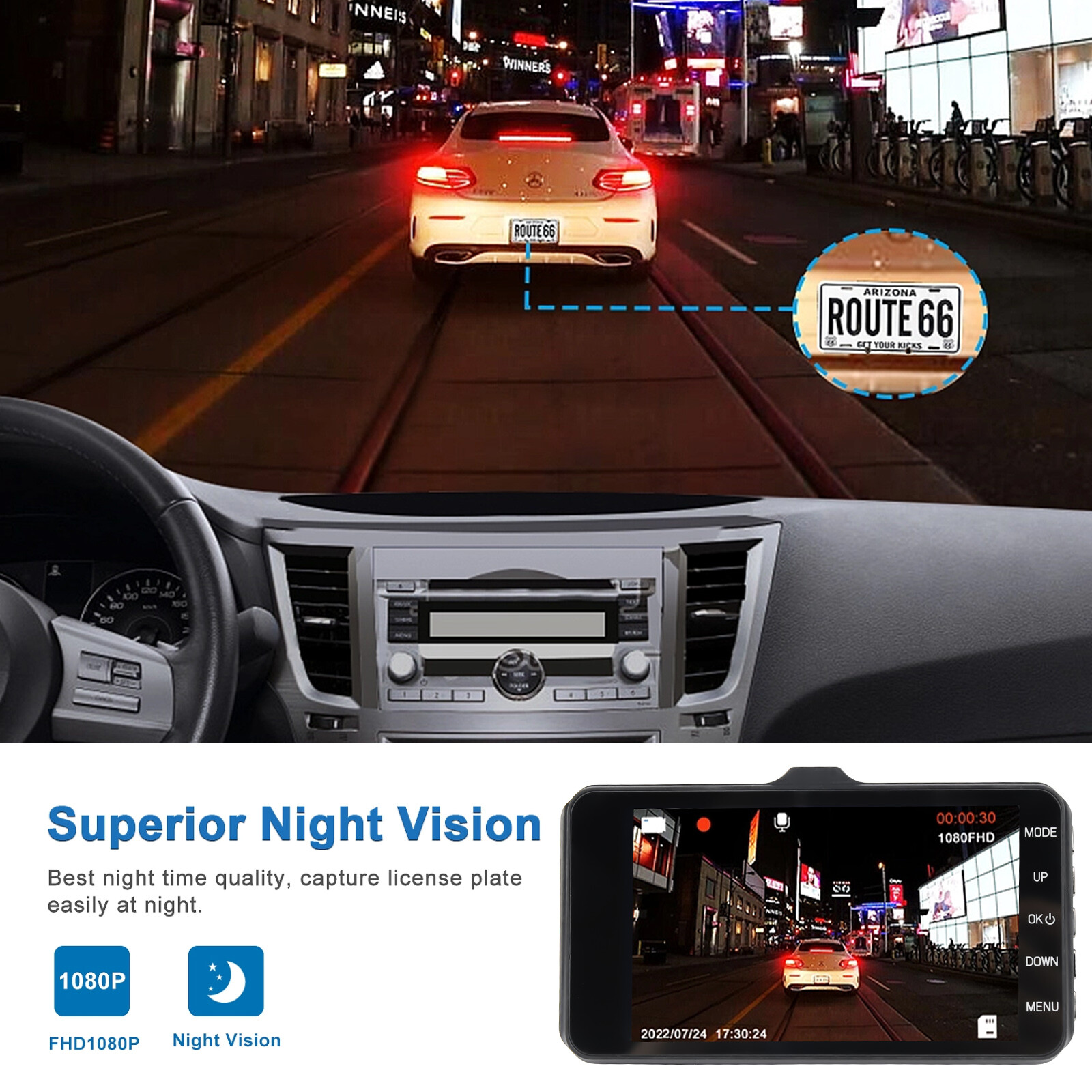4" 1080P Screen Dash Cam Dual Lens Car DVR Recorder Front and Rear Camera