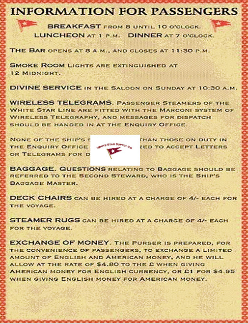 WHITE STAR LINE INFORMATION FOR PASSENGERS NICE REPLICA