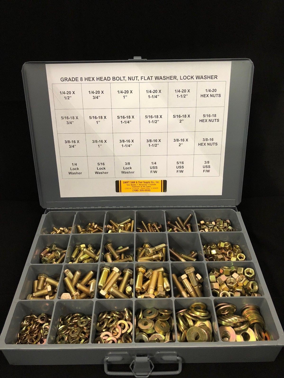 980pcs ASSORTMENT- GRADE 8 BOLT, NUT, WASHER, & LOCK WASHER FINE THREAD