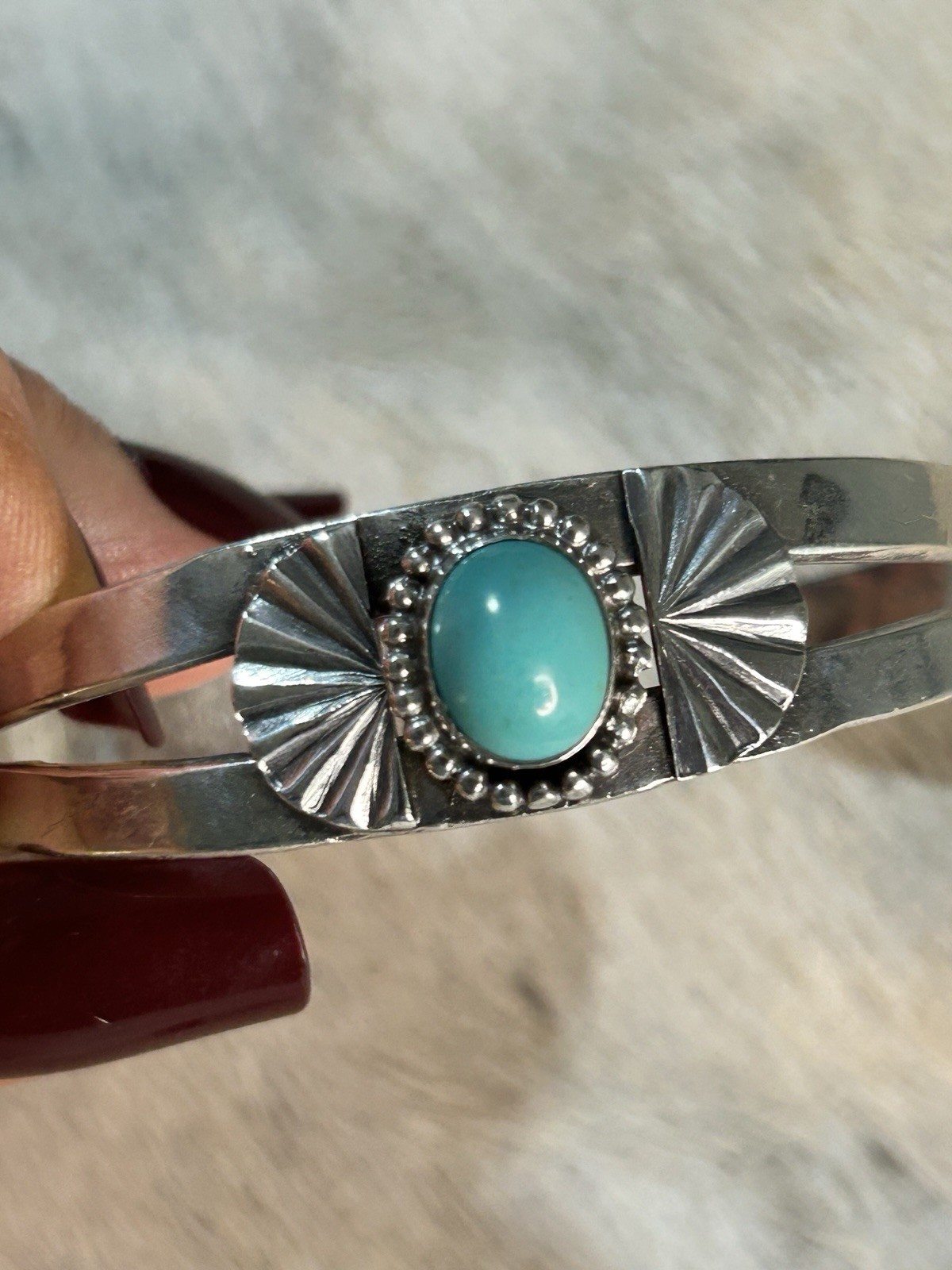 Turquoise & Sterling Silver Cuff Bracelet with Designs. Unmarked But Tested. 7"