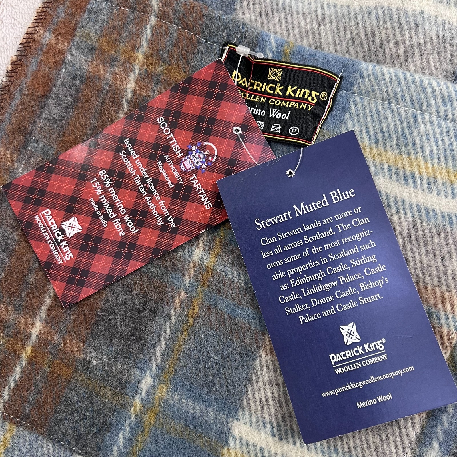 Patrick King Pocket Scarf One Size Stewart Muted Blue Tartan Merino Wool NEW