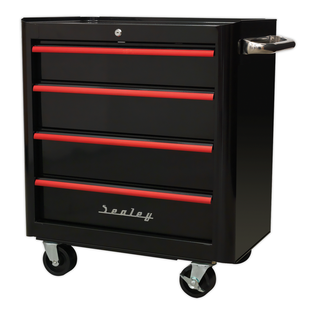 Rollcab 4 Drawer Retro Style- Black with Red Drawer Pulls (Sealey AP28204BR)