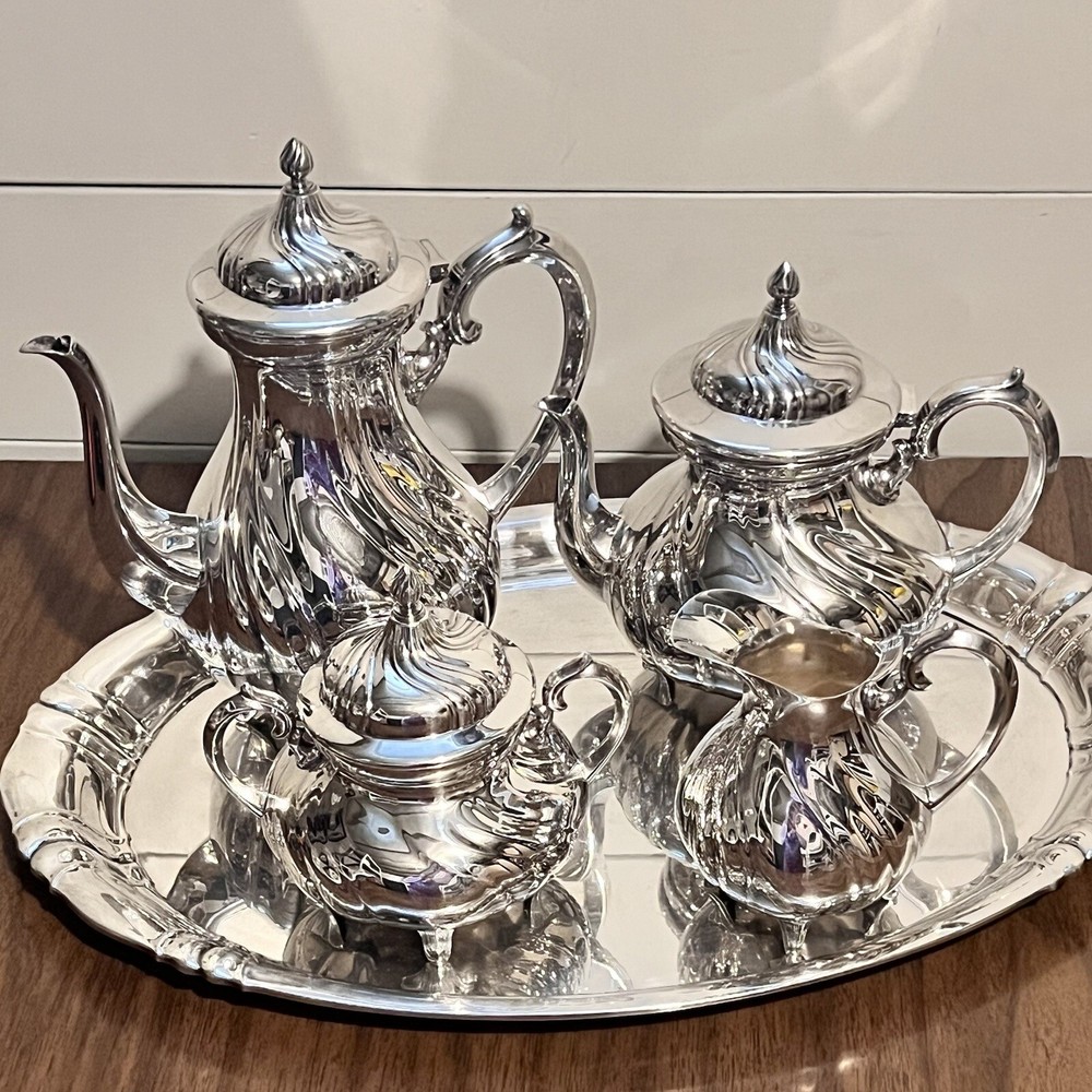 WMF Silver plate Coffee Tea Set 5pc with Tray 18in Swirl Pattern Germany