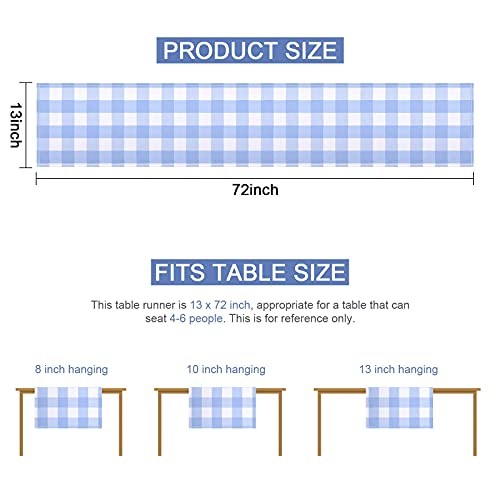 Gingham Table Runner Light Buffalo Plaid Check Table Cloth 72 Blue and White