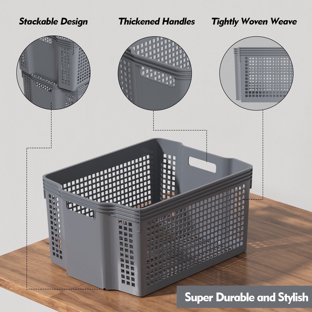 12-Pack Plastic Deep Stacking Baskets, Large Plastic Cupboard Baskets, Grey