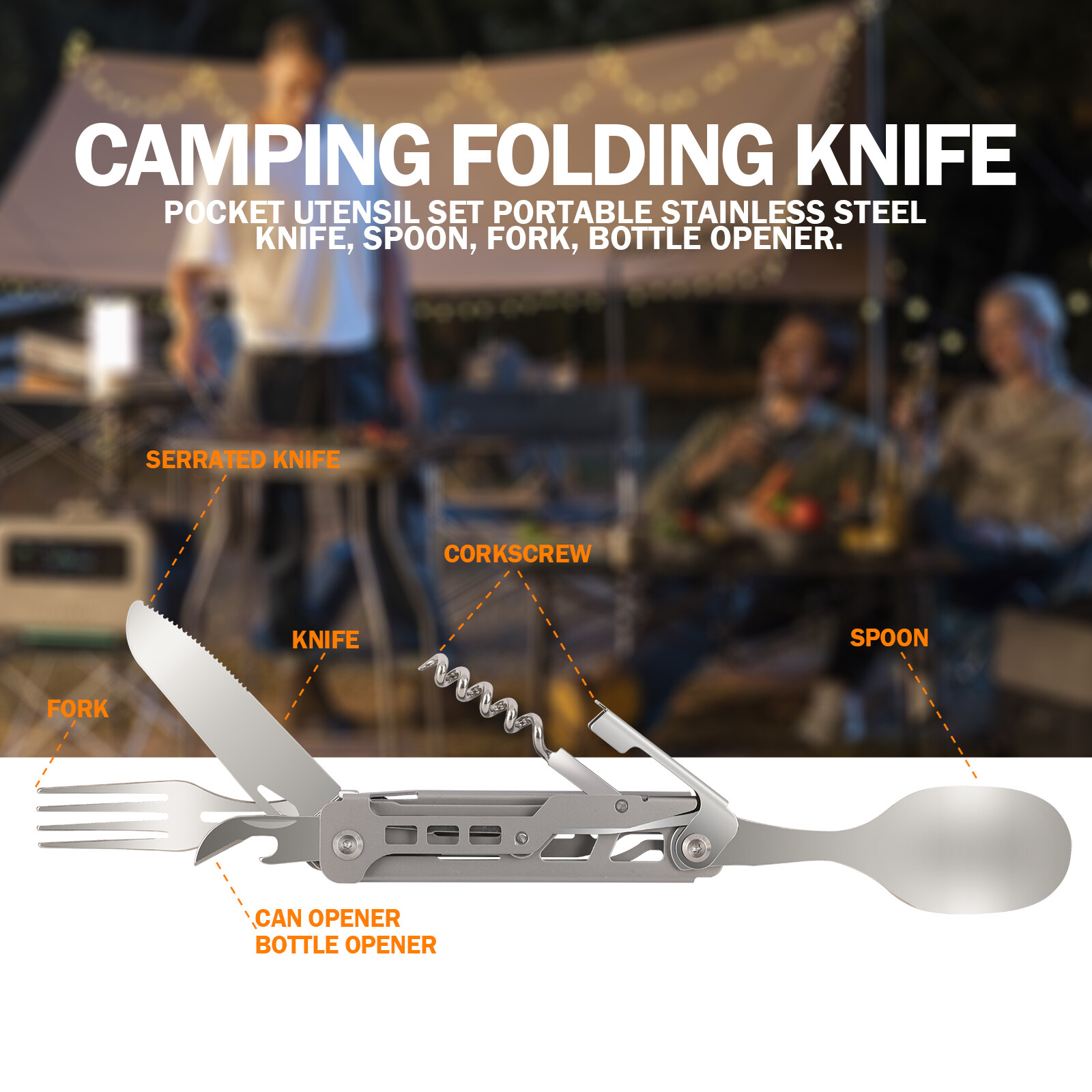 5-in-1 Portable Camping Utensil Detachable Stainless Steel Folding Flatware Set