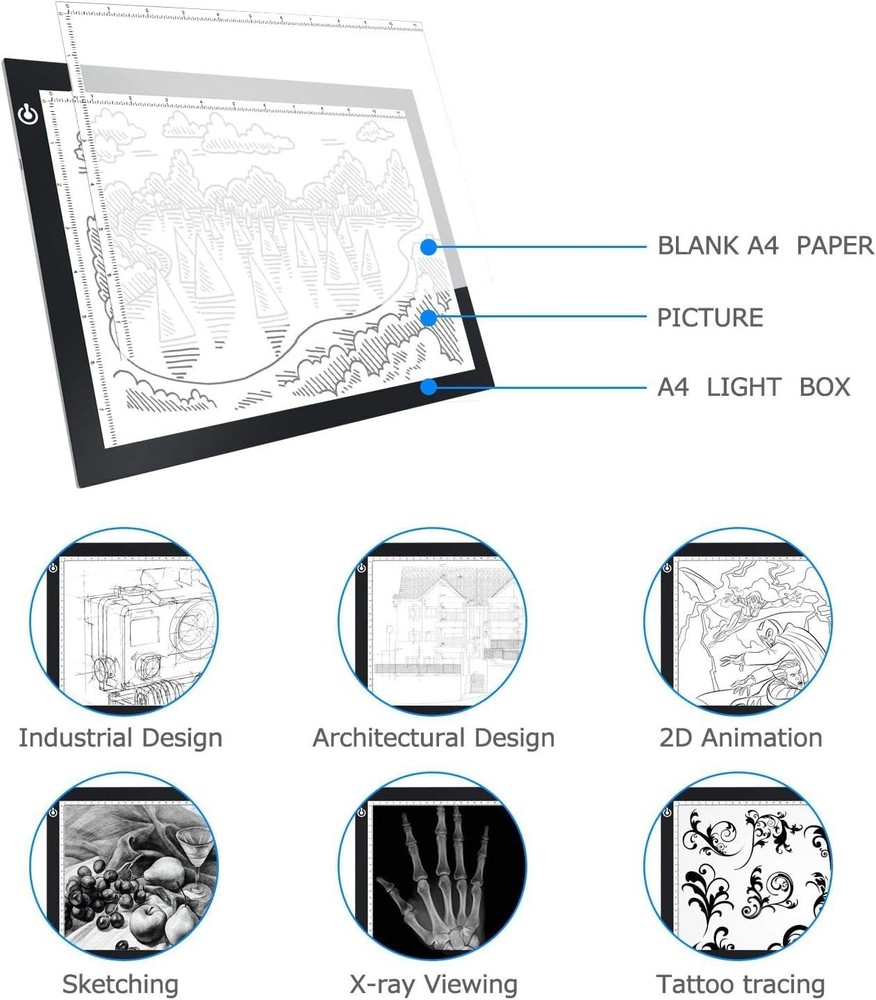 A4 LED Light Box for Tracing and Drawing - Ultra Thin Adjustable Light Table, US