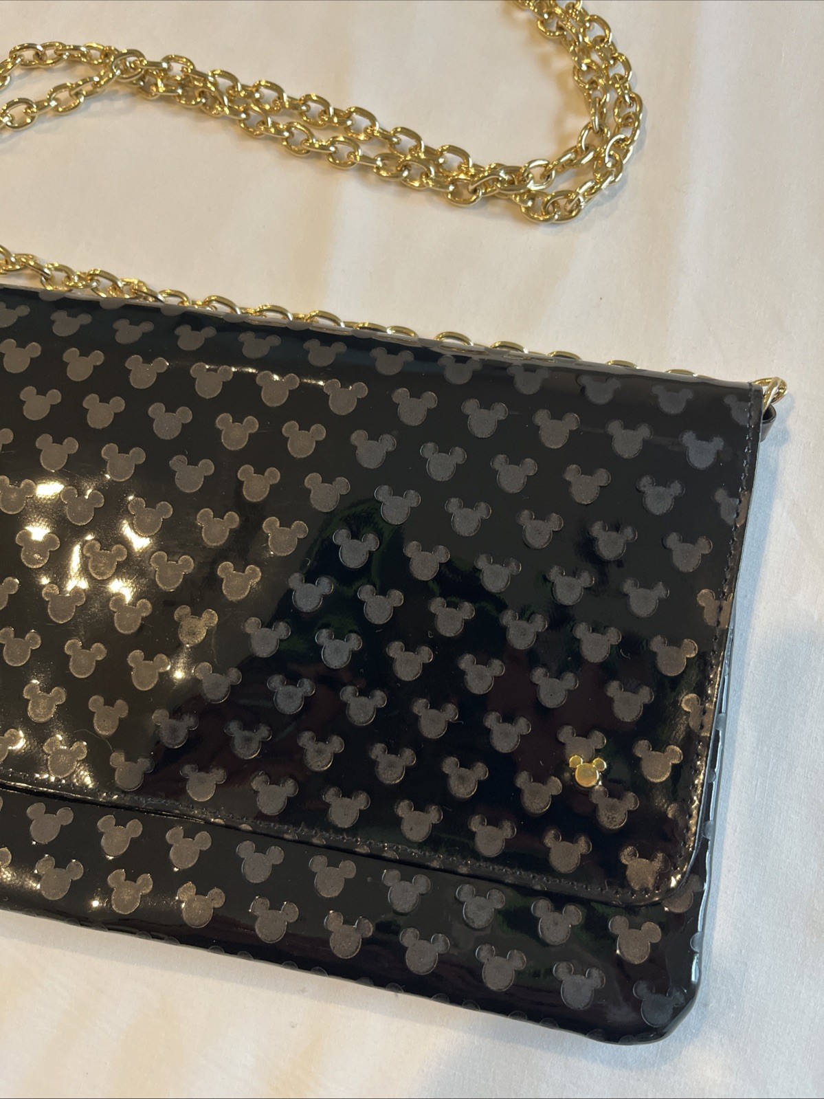 Disney Parks Crossbody Clutch Purse Mickey Mouse Faux Patent Leather Black