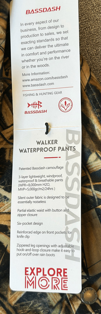 Bassdash Walker Waterproof Pants Size 38
