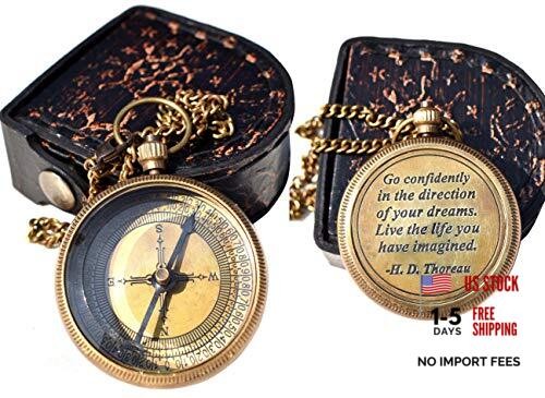 Solid Brass Thoreau's Go Confidently Quote Engraved Compass with Wooden Box,
