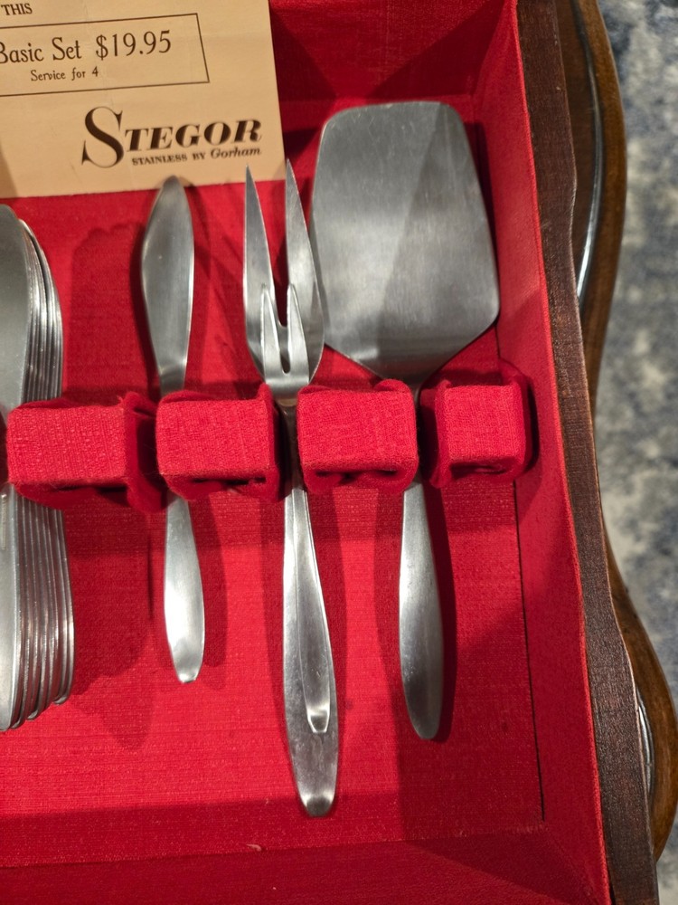 Stegor Stainless Gorham PACE 54pc Flatware Set w Box & Papers Mid Century