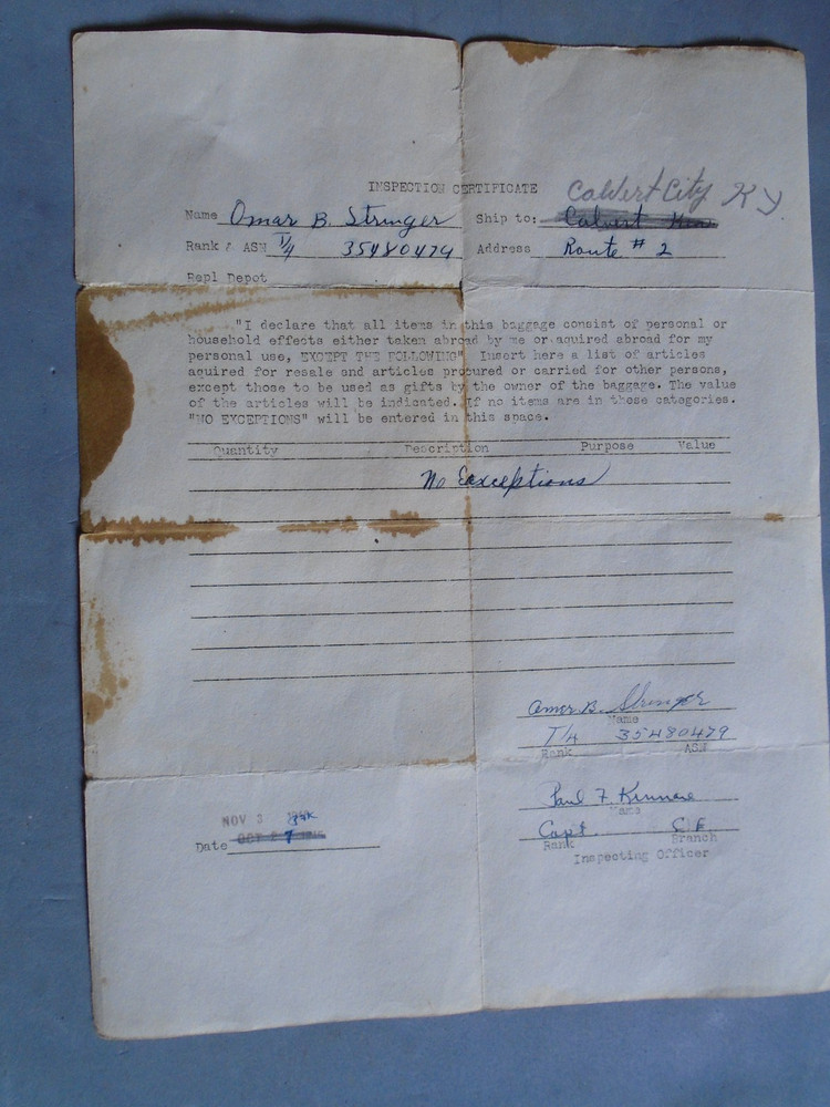 WWII Army luggage inspection certificate