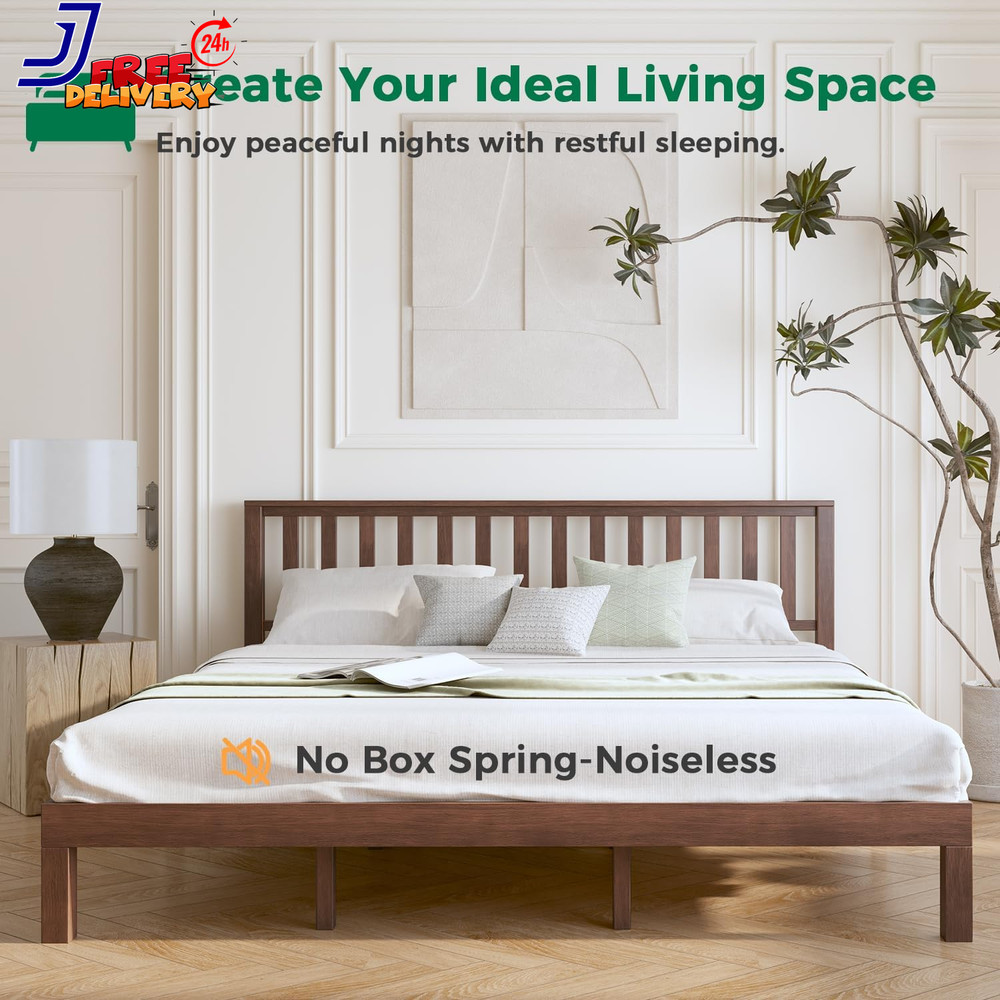 King Size Bed Frame and Headboard Mid Century Modern Platform Bed Solid Wood