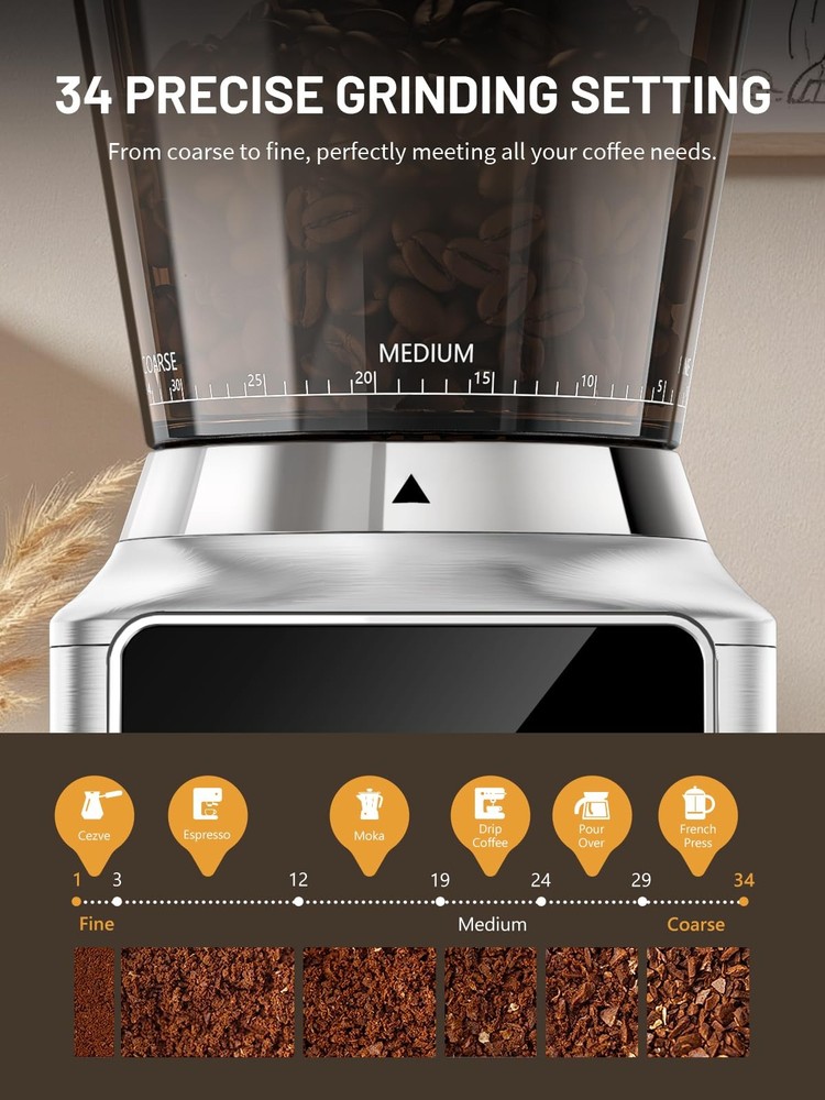 Conical Coffee Bean Grinder with 34 Grind Settings for Home Use, Precision Timer