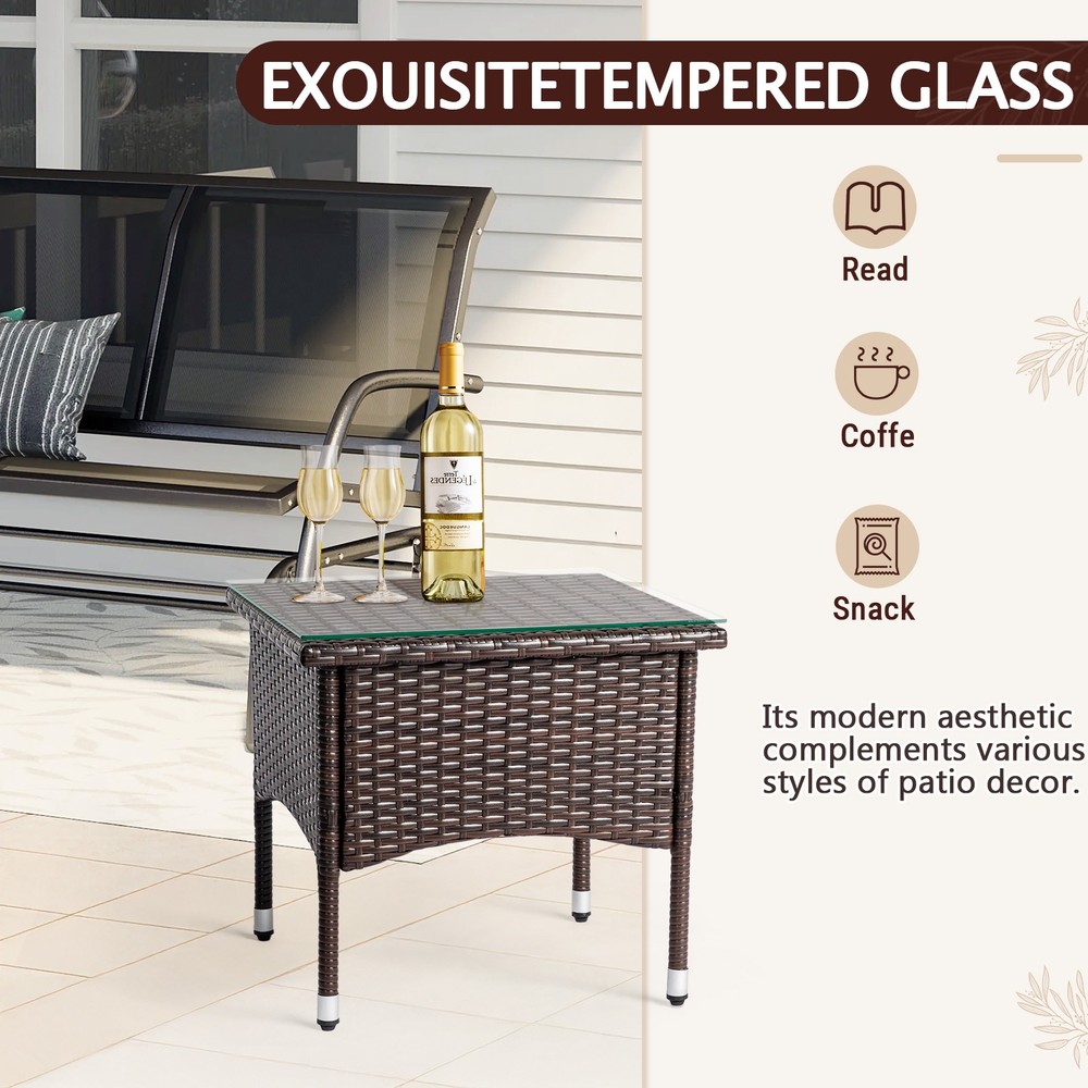 20" Patio Side Table, Outdoor Patio Wicker Square End Table, Brown