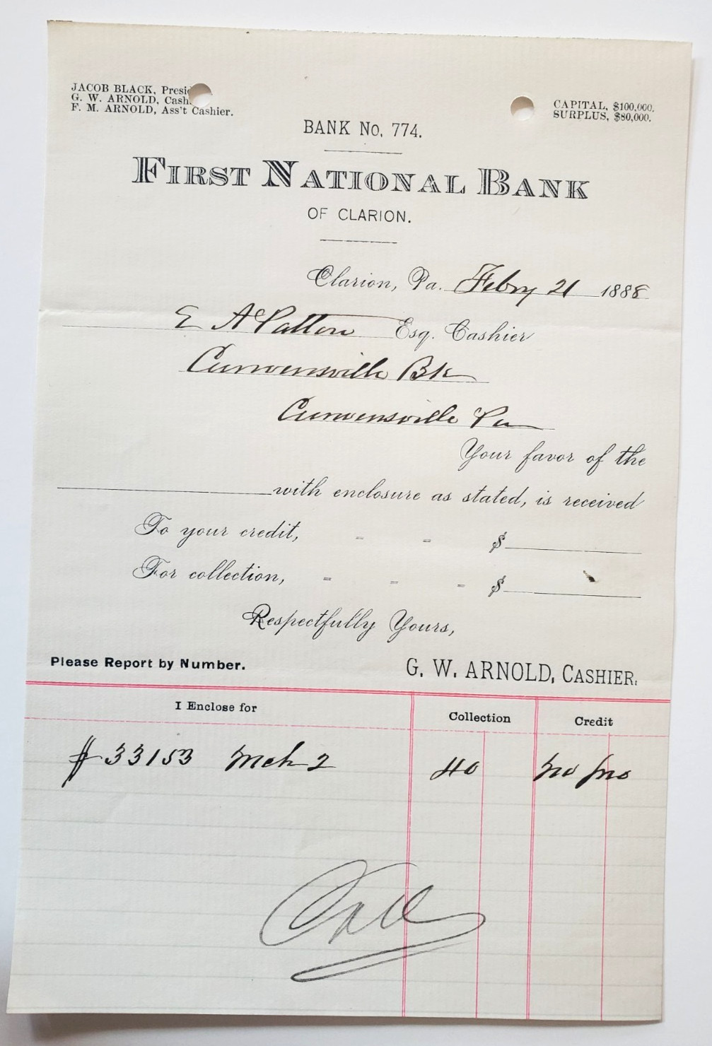 1888, First National Bank of Clarion, PA, Bank No. 774, G.W. Arnold, Cashier