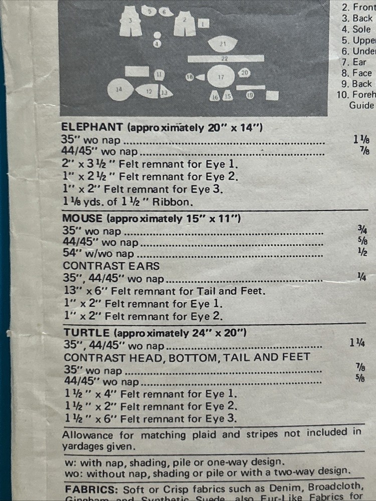 Vintage BUTTERICK Pattern 3419 STUFFED ANIMALS Elephant Mouse Turtle CUT