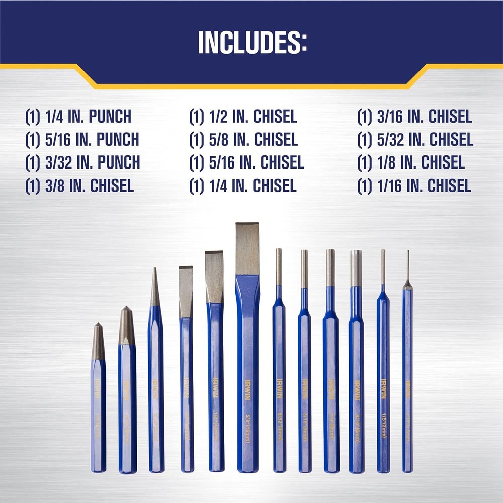 IRWIN Chisel Set, and Punch, 12-Pack with Various Sizes, Tempered for...