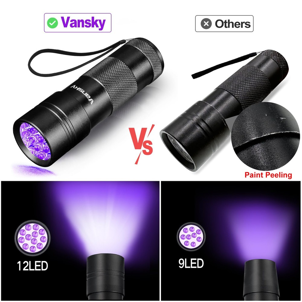 Black Light UV Flashlight,Vansky Blacklight 12 LED Urine 1 Pack,