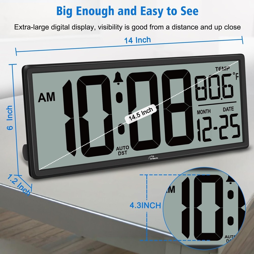 WallarGe Backlight Digital Wall Clock Battery Operated - with Temperature and...