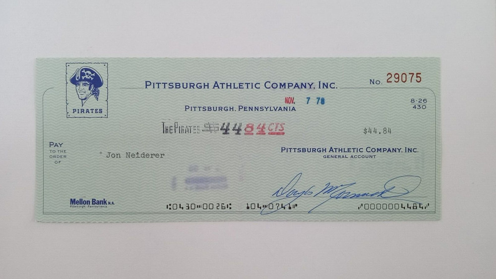 Jon Neiderer: 1978 Pittsburgh Pirates Expense Check