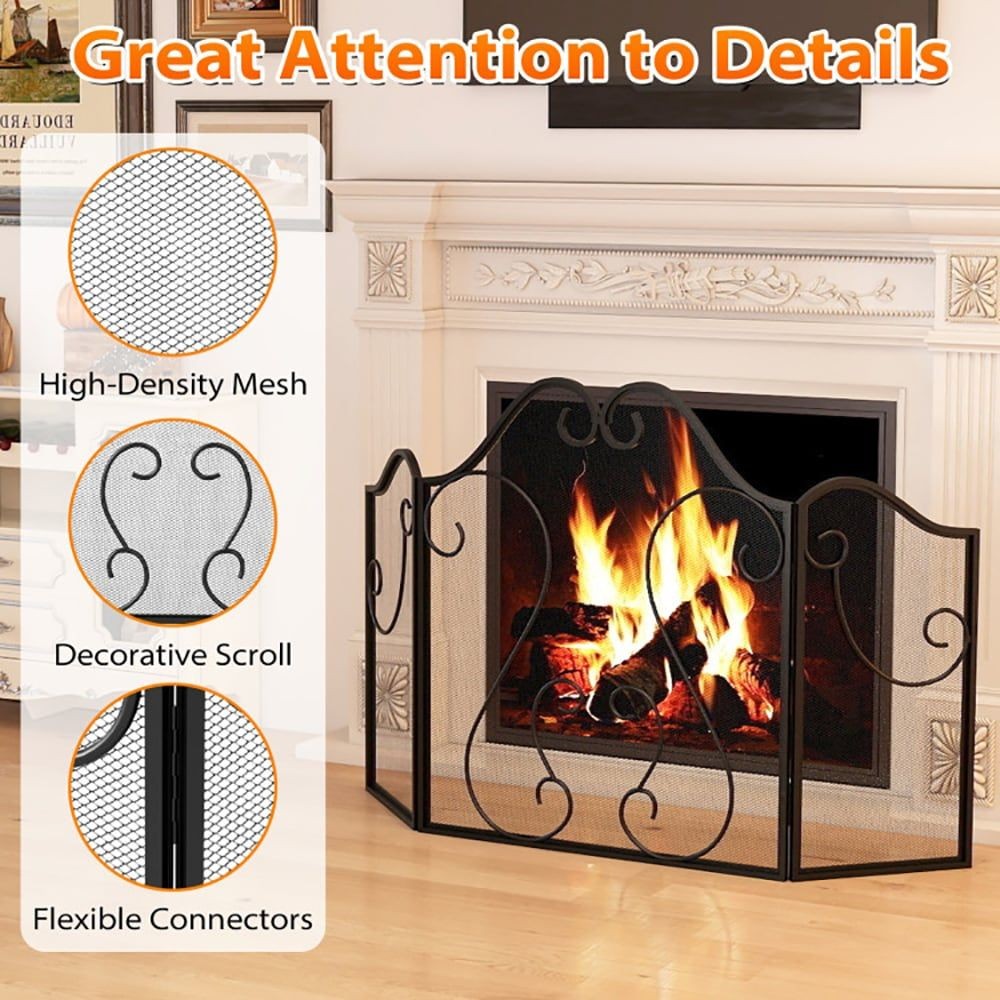 3 Panel Fireplace Screen Foldable Spark Guard Cover with Decorative Scroll