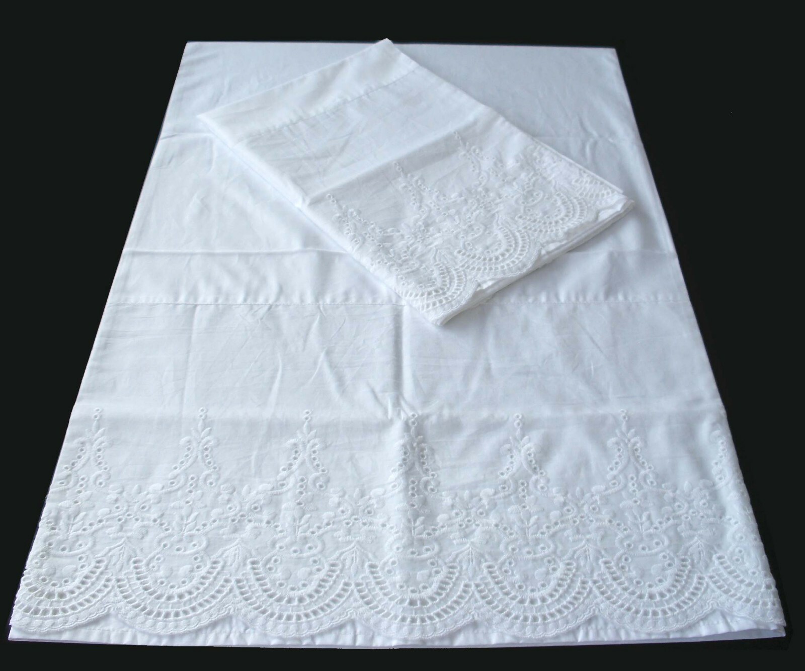 New White Cotton Sateen EmbroideryLace PillowCases Standard Queen King Pair M2#