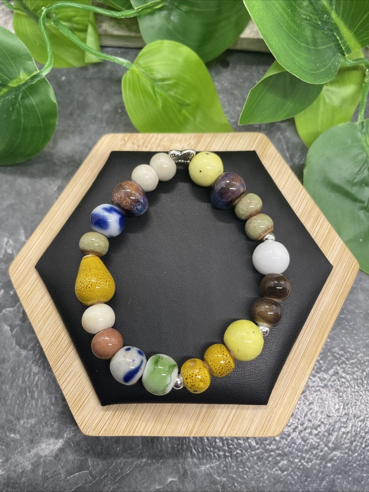 Handmade Ceramic Bead Beaded Stackable 6.5” Plus Stretch Bracelet New B217