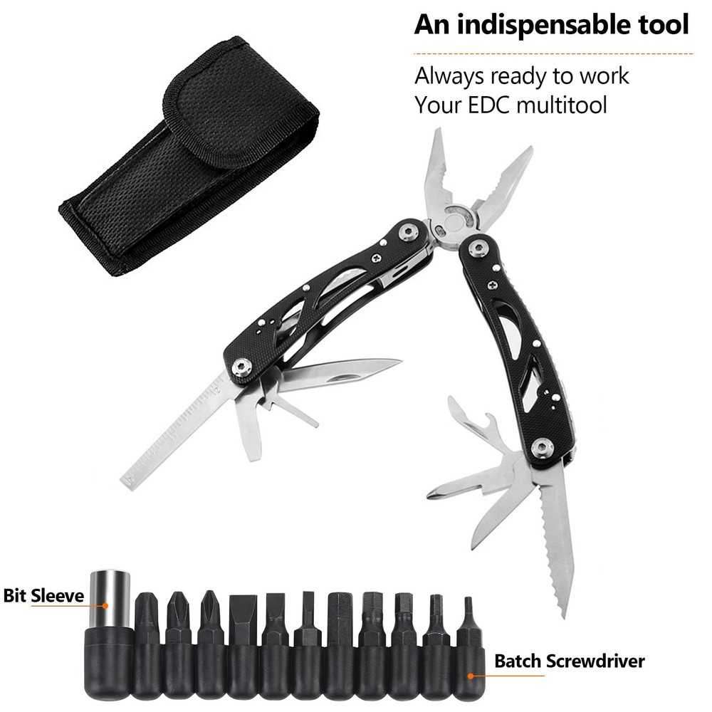 Multitool Pliers Set Stainless Steel with 11 Screwdriver Bits Black