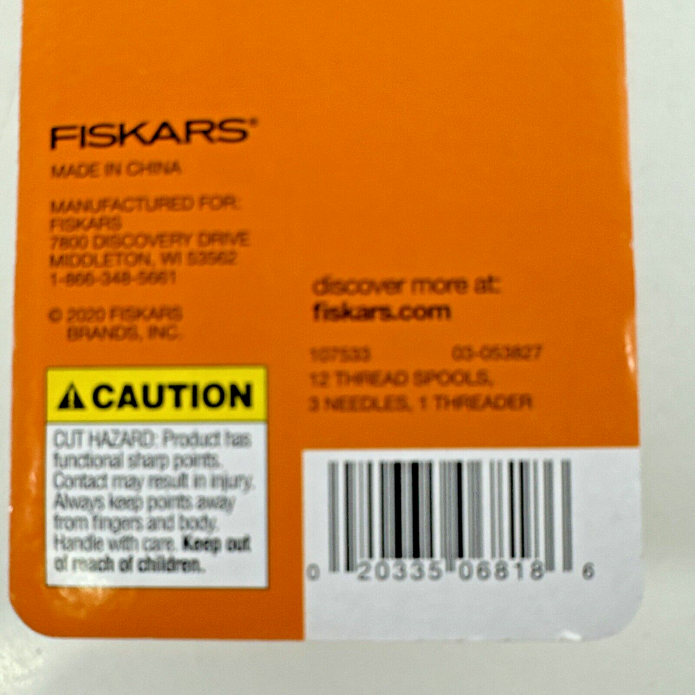 NEW SEALED Fiskars Hand Sewing 12 Threads/1 Needle/1 Threader Basics Pack