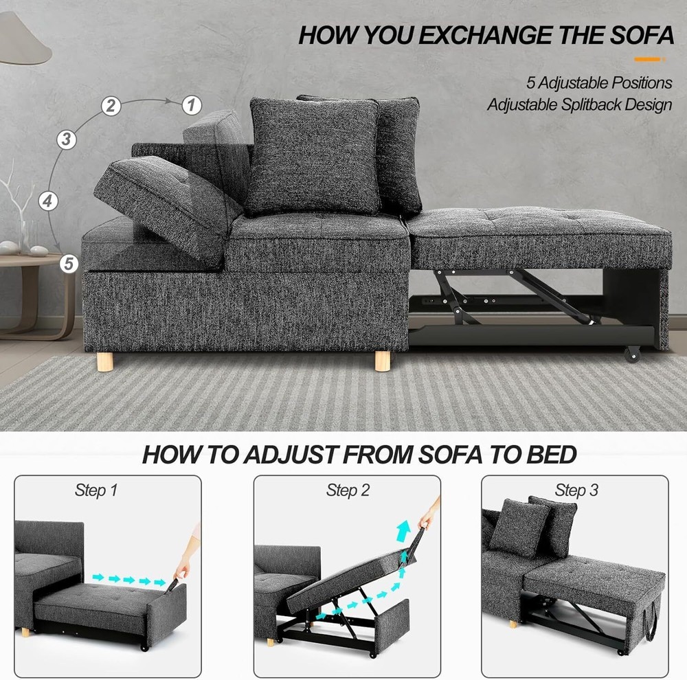 Folding Ottoman Sofa Bed Chair 4-in-1 Sleeper Sofa w/Adjustable Backrest&Pillows