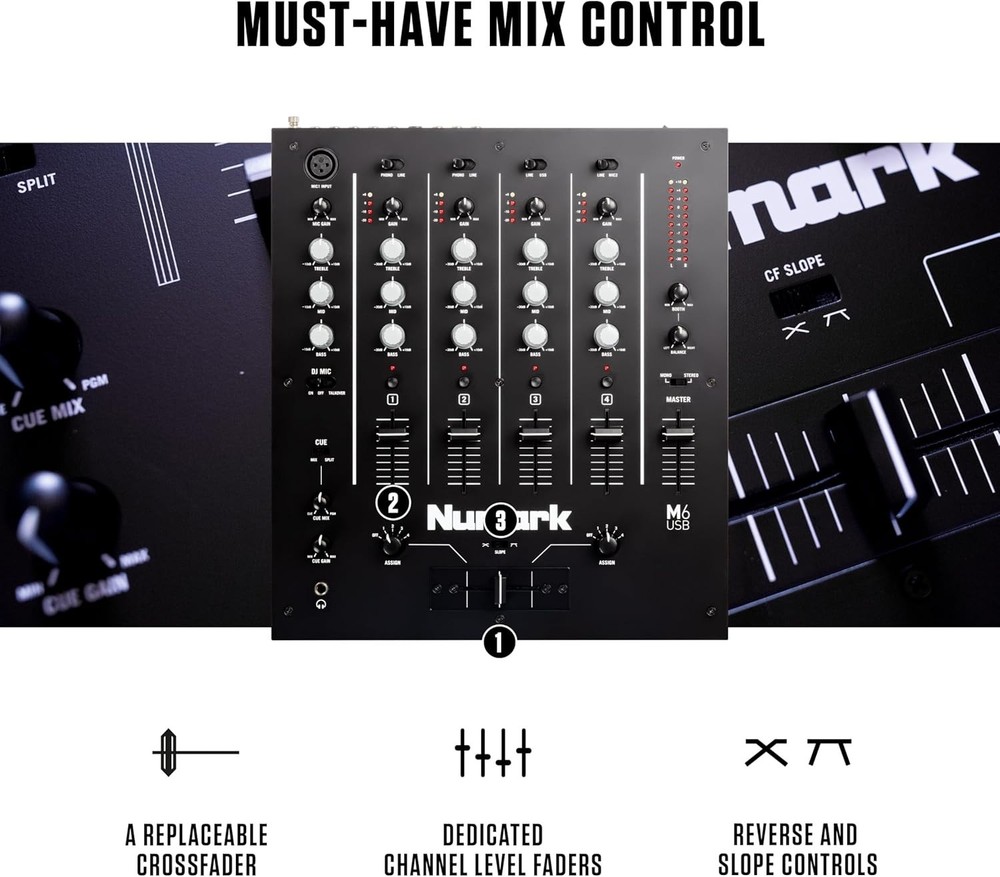 4-Channel USB DJ Mixer with Built-In Interface & Microphone Input – Silverblack
