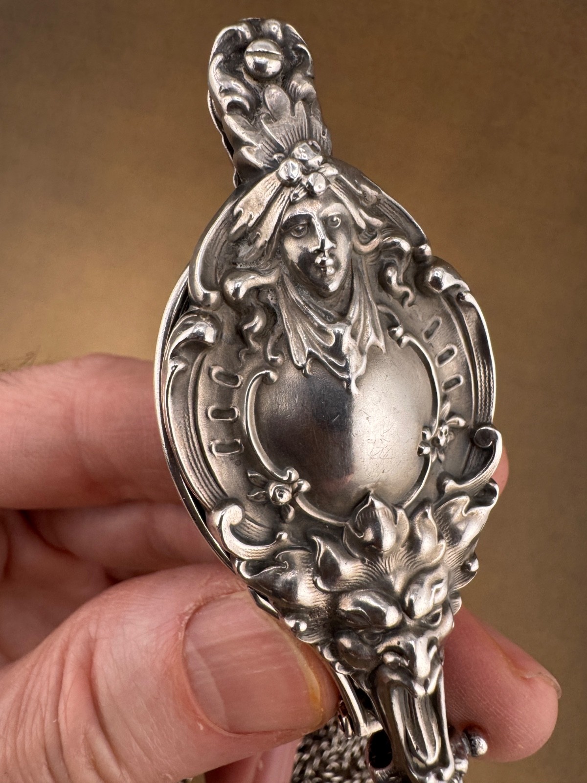 Unger Brothers Sterling Silver Art Nouveau Lorgnette Devil Male Figure 5.25"