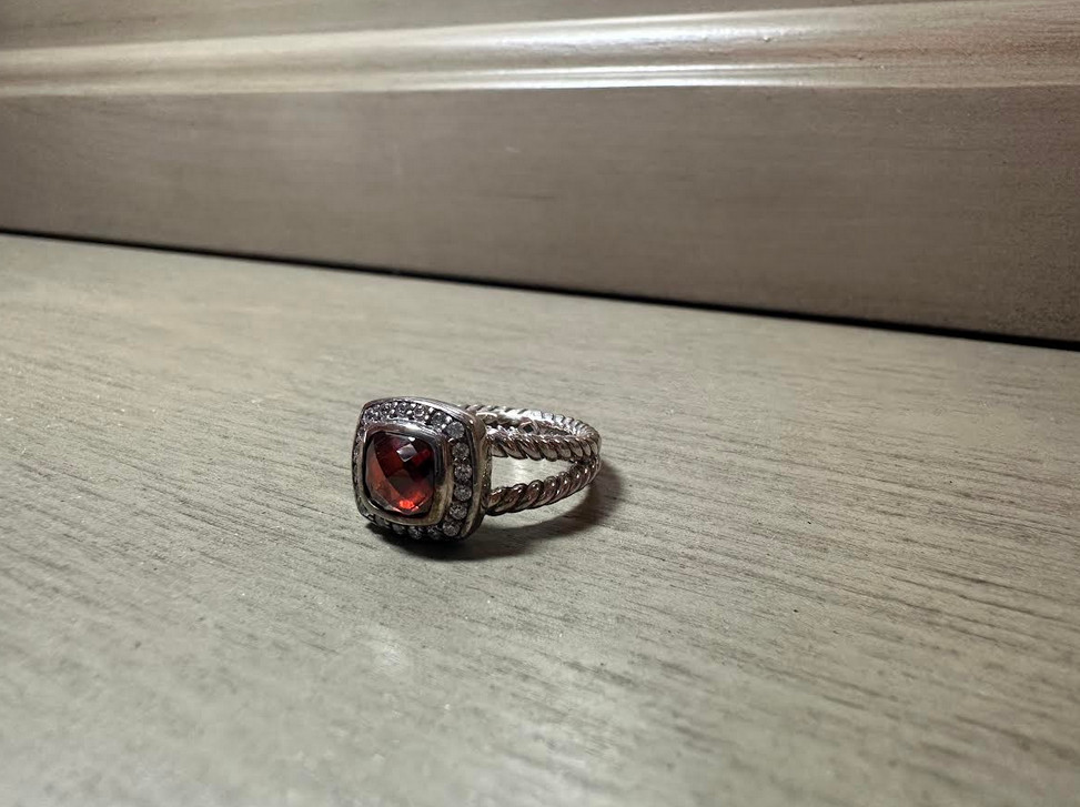 925 SILVER DAVID YURMAN 7MM PETITE ALBION RING WITH GARNET STONE AND DIAMONDS