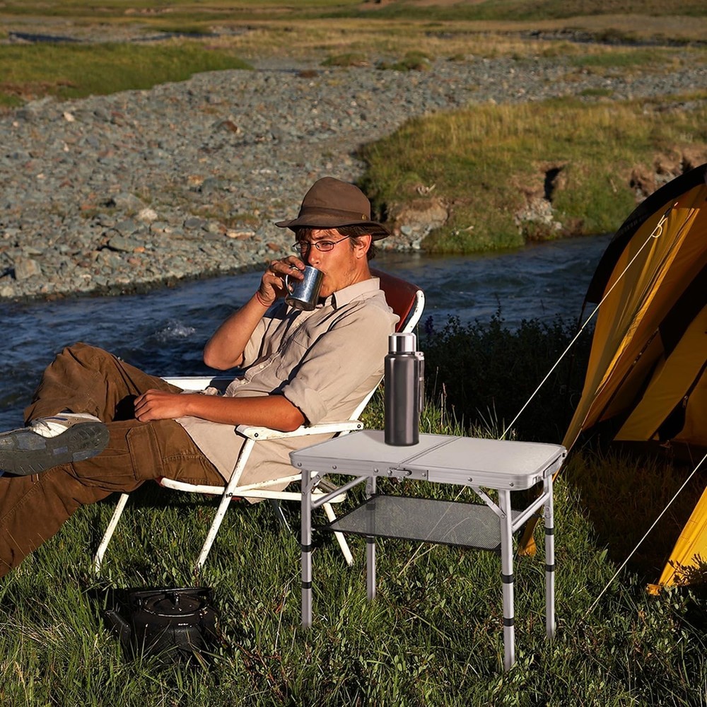 Adjustable Height Camping Table with Mesh Layer, 23.6" x 15.7" Portable Foldi...