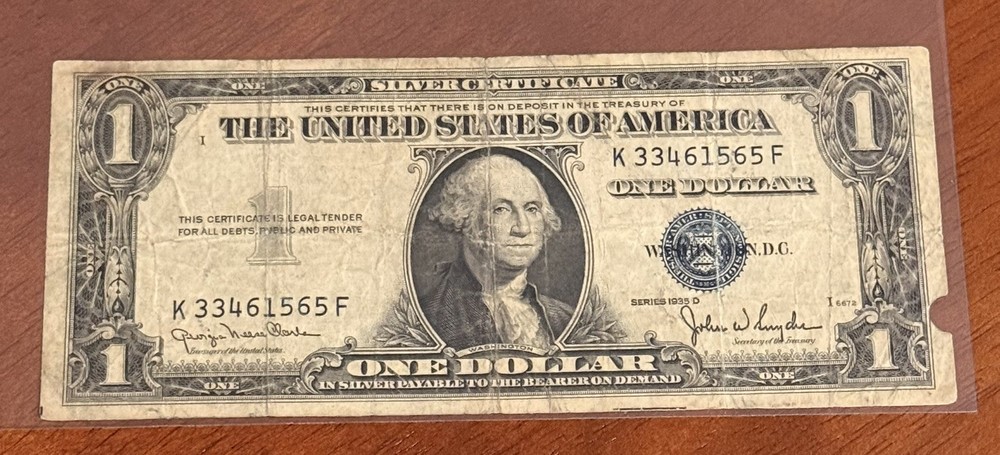 ERROR - 1935 D $1 Silver Certificate - Reverse Print Off Center - Good Condition