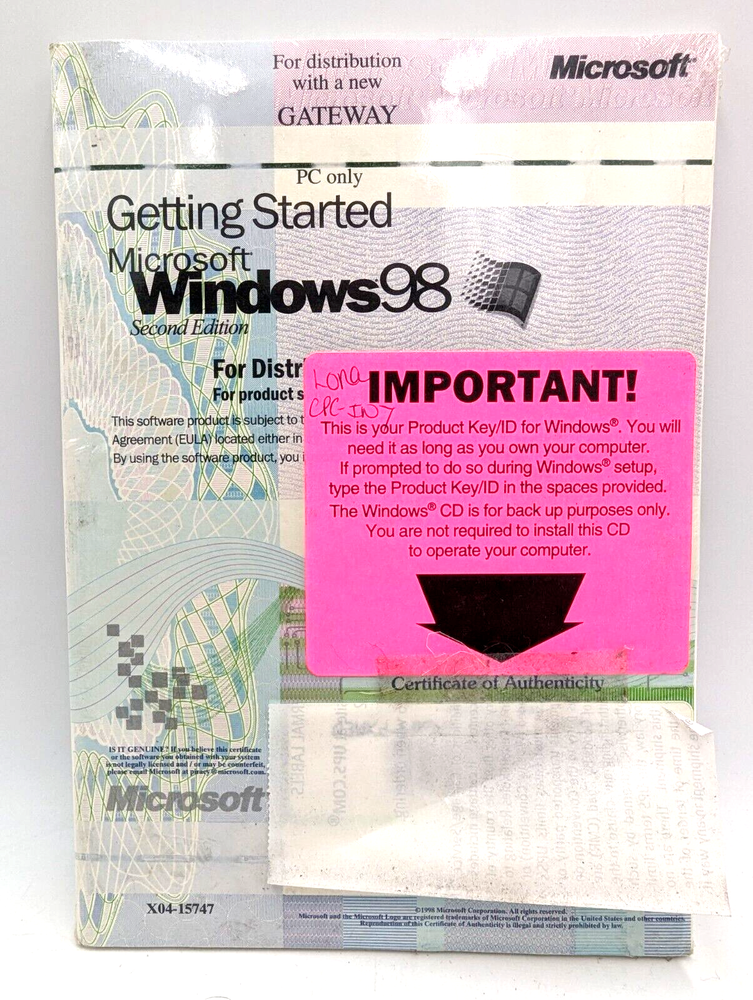 Microsoft Windows 98 Second Edition New Sealed CD w/ COA Product Key