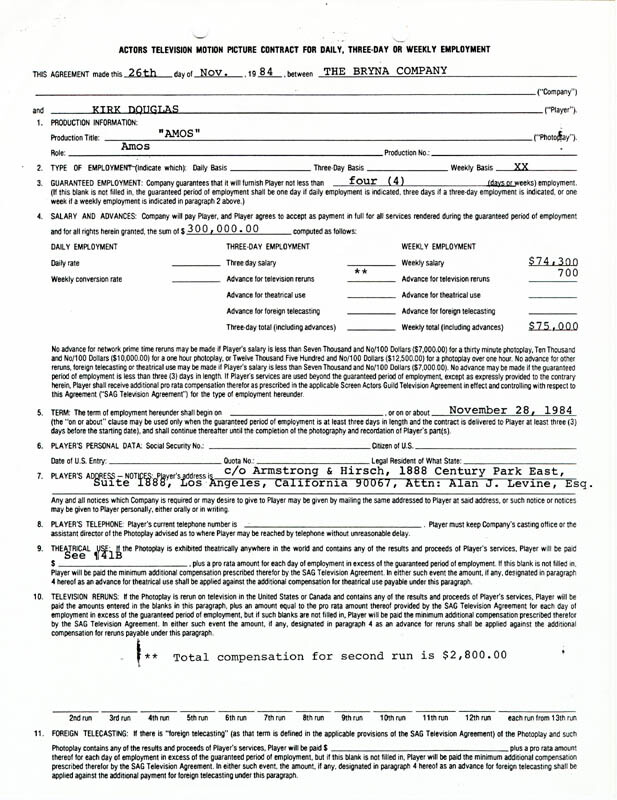 KIRK DOUGLAS - CONTRACT SIGNED 11/26/1984