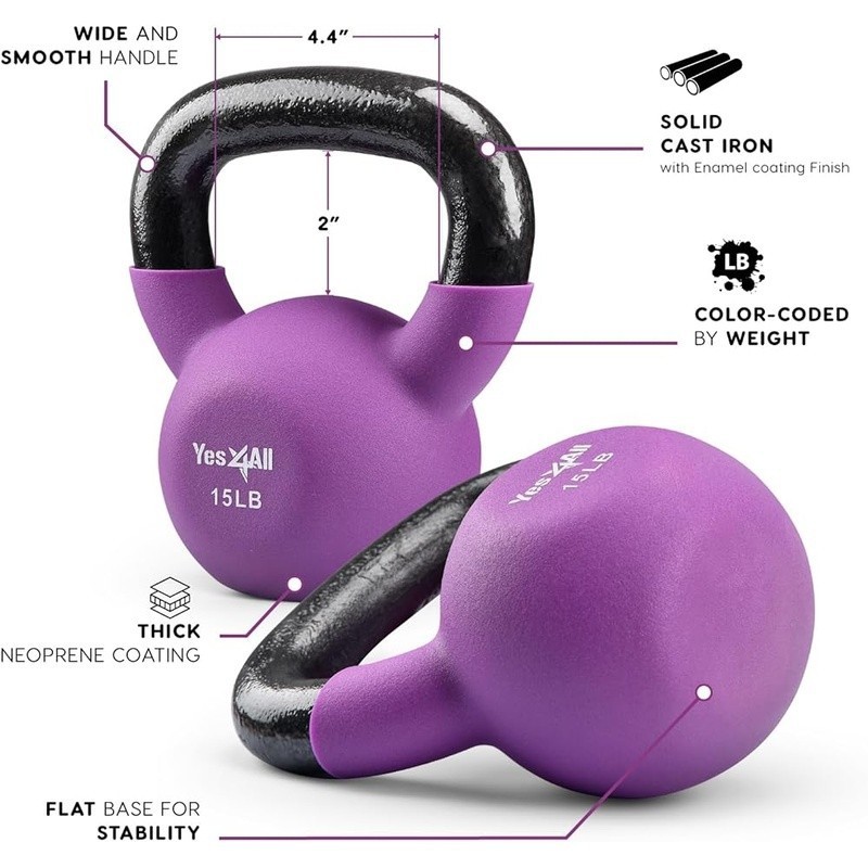 Solid Cast Iron Kettlebell Neoprene Coating Adjustable Weights Home Gym 15LB