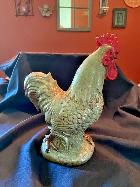 VTG GREEN CERAMIC FOOTED ROOSTER 11" TALL