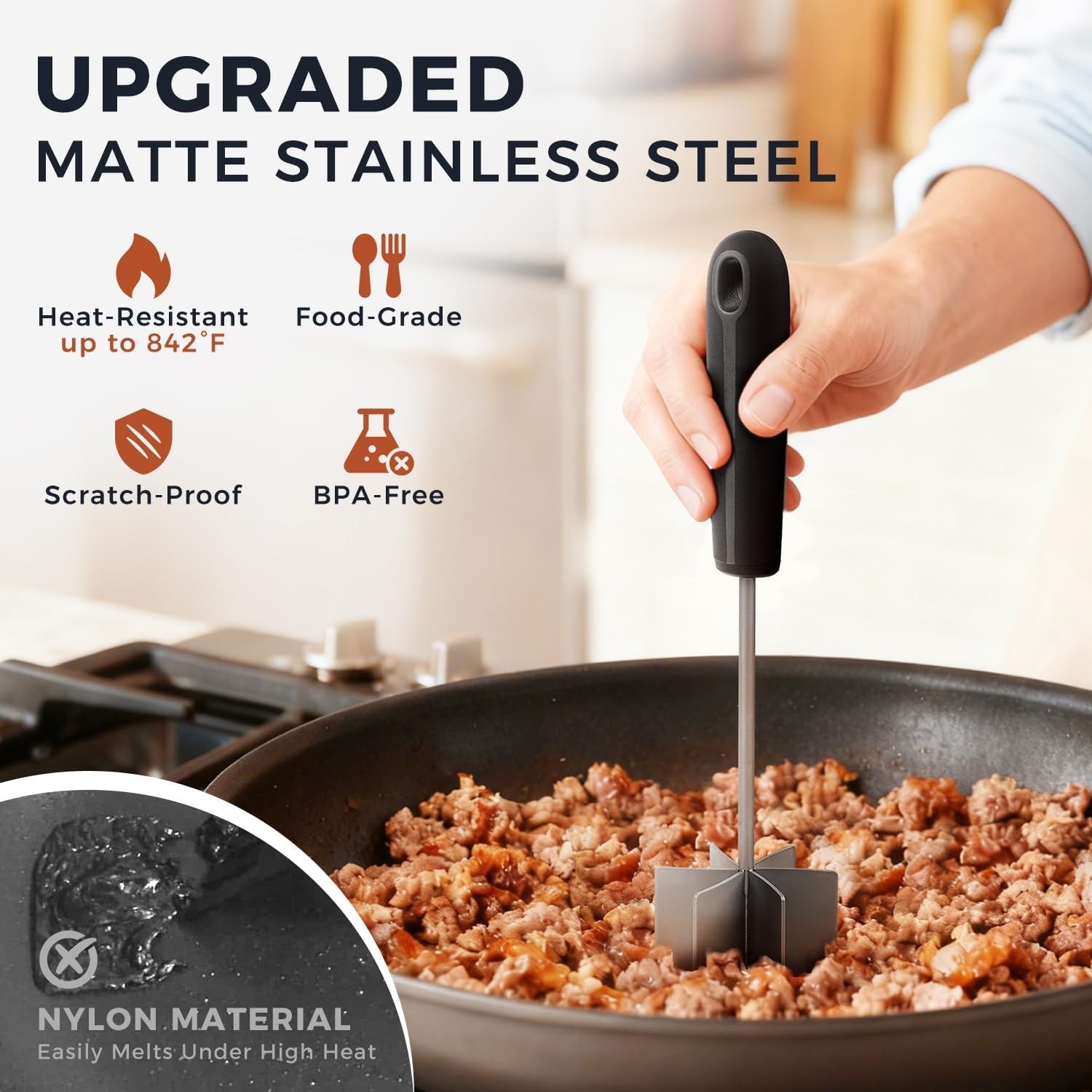 304 Stainless Steel Meat Chopper & Masher, 10 Inch Heat Resistant Ground Beef...