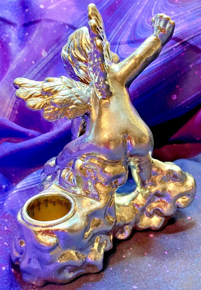 Two Silver Colored Ceramic Baby Cherub Candlestick Holders
