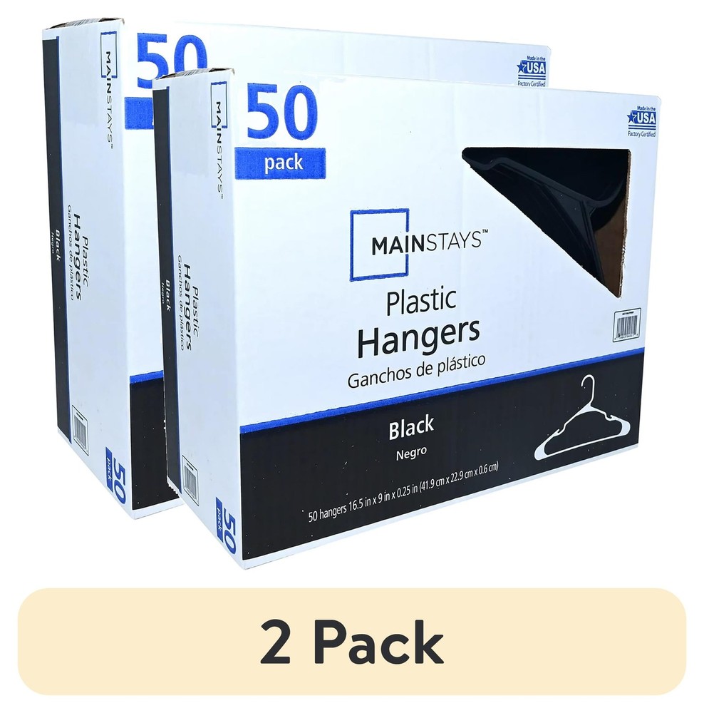 (2 pack) Plastic Clothes Hangers - 50 Pack, Lightweight & Durable - Black