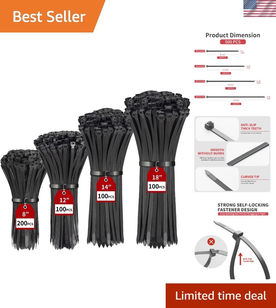 500 Pack Heavy Duty Black Zip Ties - Assorted Sizes for Ultimate Strength